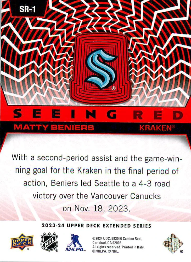2023-24 UD Extended Series - Matty Beniers - Seeing Red #SR-1
