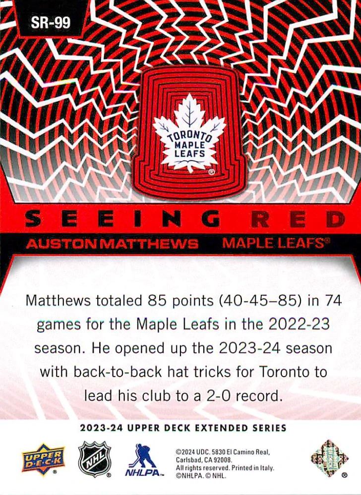 2023-24 UD Extended Series - Auston Matthews - Seeing Red #SR-99
