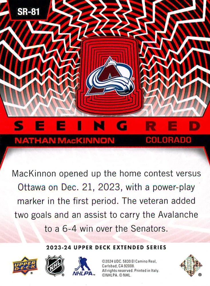 2023-24 UD Extended Series - Nathan MacKinnon - Seeing Red #SR-81