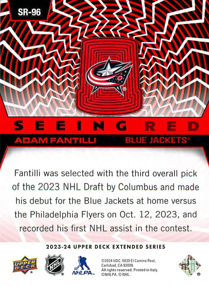2023-24 UD Extended Series - Adam Fantilli - Seeing Red #SR-96