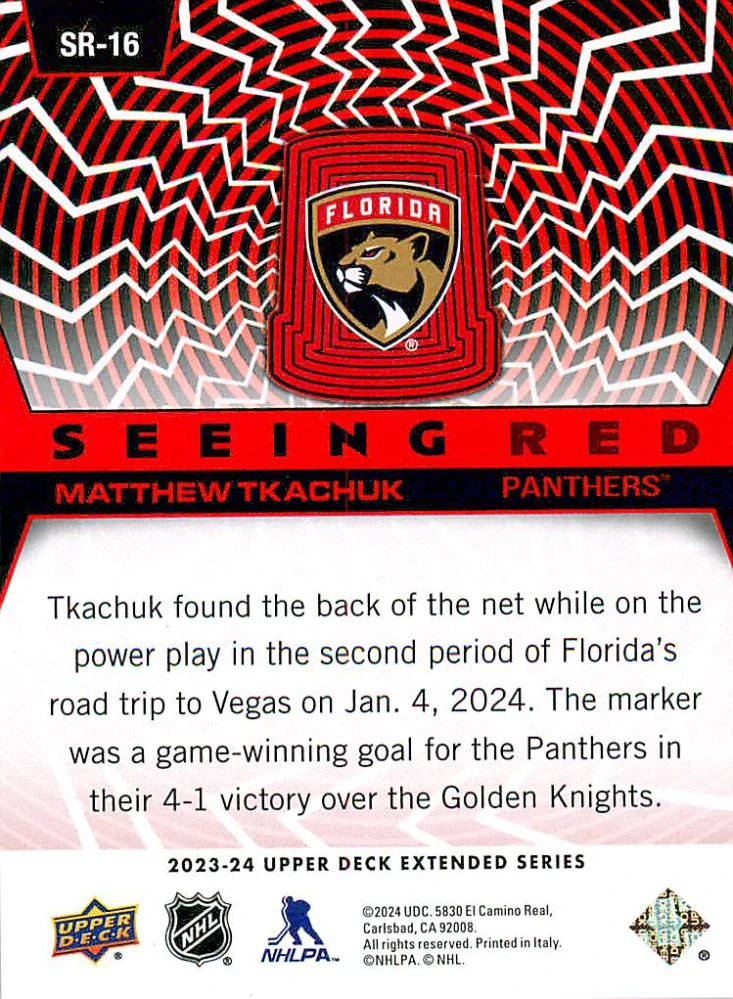 2023-24 UD Extended Series - Matthew Tkachuk - Seeing Red #SR-16