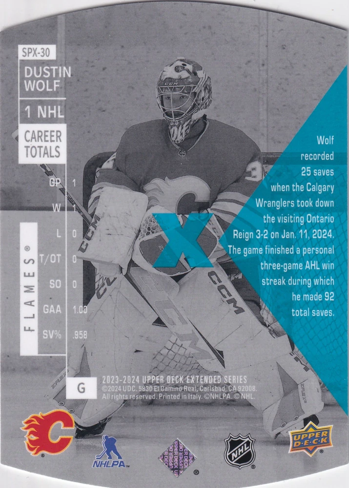 2023-24 UD Extended Series - Dustin Wolf - 1997-98 SPx Holoview Retro #SPX-30