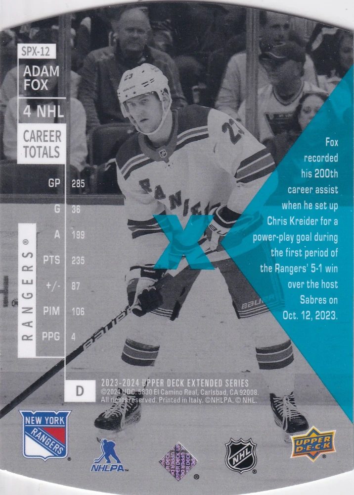 2023-24 UD Extended Series - Adam Fox - 1997-98 SPx Holoview Retro #SPX-12