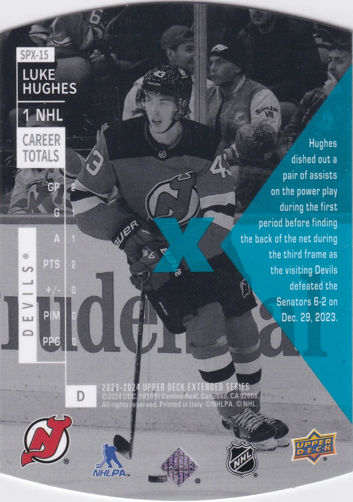 2023-24 UD Extended Series - Luke Hughes - 1997-98 SPx Holoview Retro #SPX-15