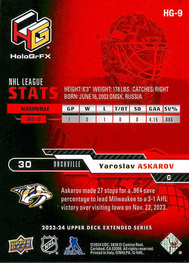 2023-24 UD Extended Series - Yaroslav Askarov - HoloGrFX Rookies #HG-9