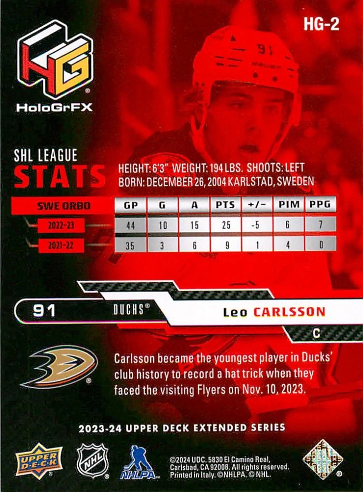 2023-24 UD Extended Series - Leo Carlsson - HoloGrFX Rookies #HG-2
