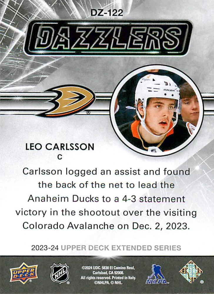 2023-24 UD Extended Series - Leo Carlsson - Dazzlers Blue #DZ-122