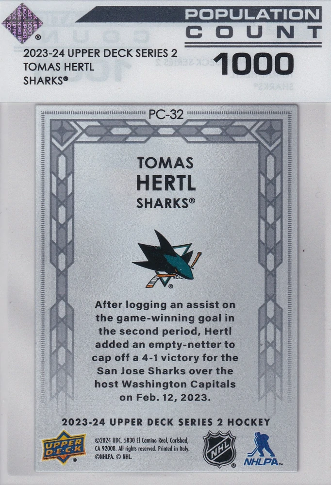 2023-24 UD Series 2 - Tomáš Hertl - Population Count 1000 #PC-32