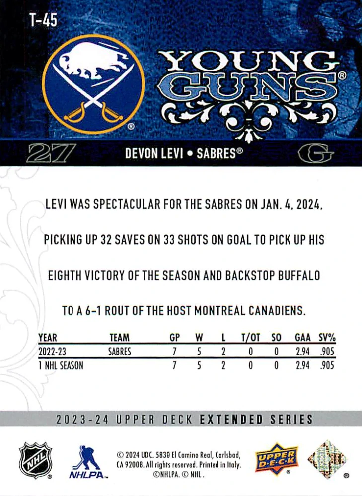 2023-24 UD Extended Series - Devon Levi - Young Guns Retro #T-45