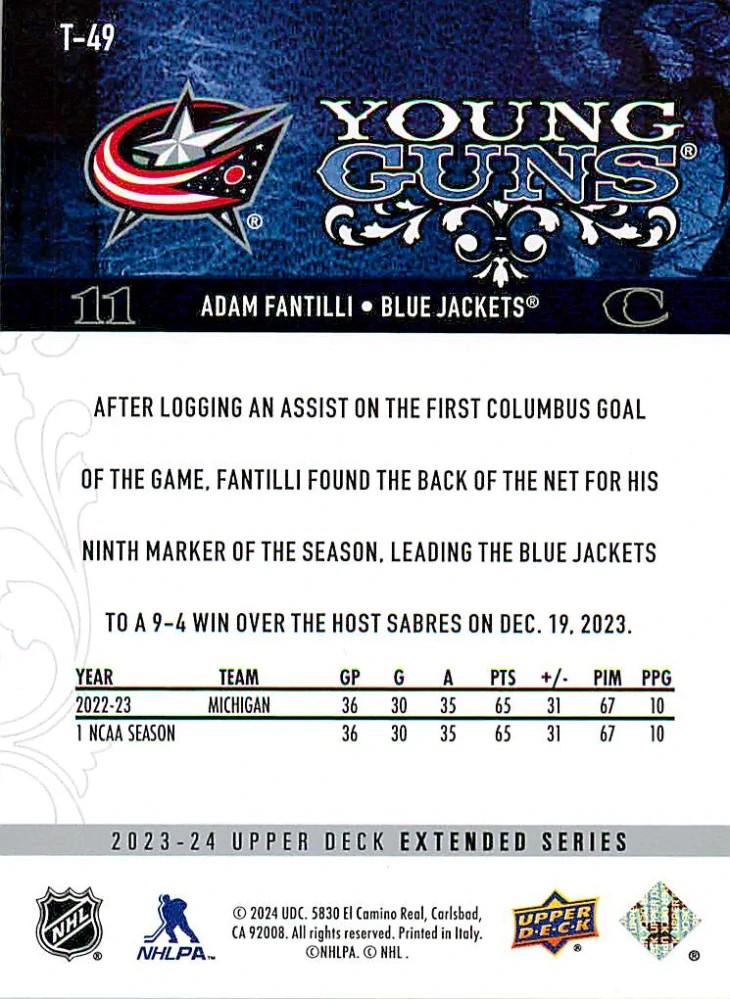 2023-24 UD Extended Series - Adam Fantilli - Young Guns Retro #T-49