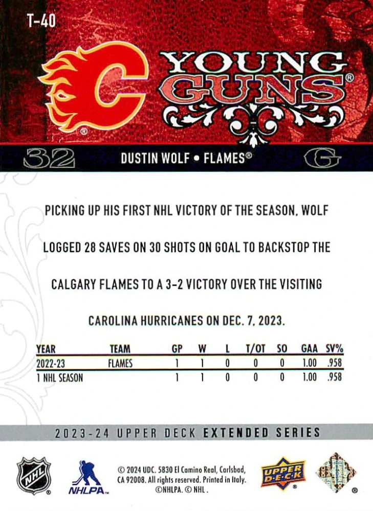 2023-24 UD Extended Series - Dustin Wolf - Young Guns Retro #T-40