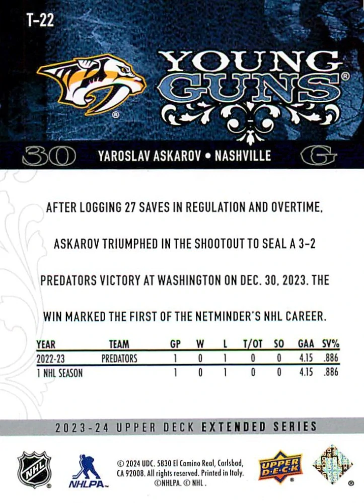 2023-24 UD Extended Series - Yaroslav Askarov - Young Guns Retro #T-22