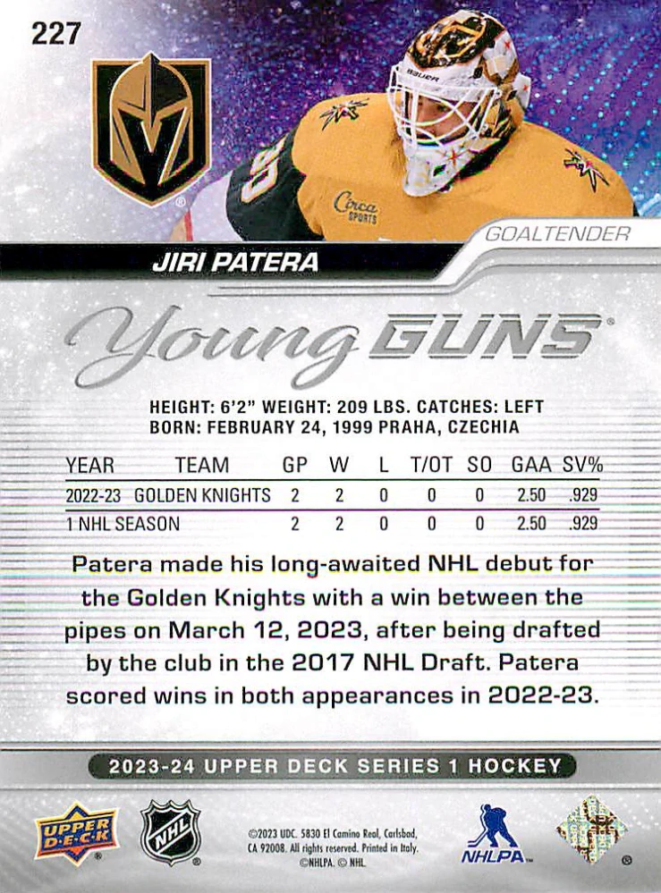 2023-24 UD Series 1 - Jiří Patera - Young Guns #227