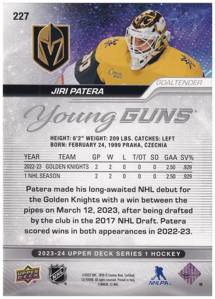 2023-24 UD Series 1 - Jiří Patera - Young Guns #227