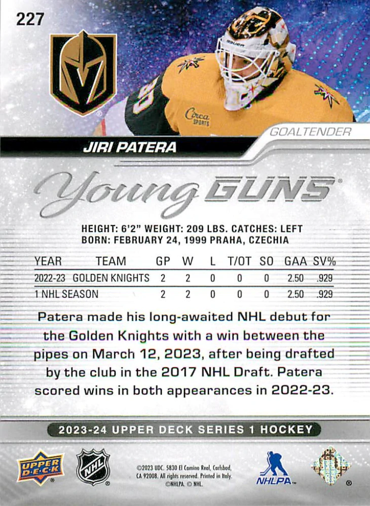 2023-24 UD Series 1 - Jiří Patera - Young Guns Outburst #227