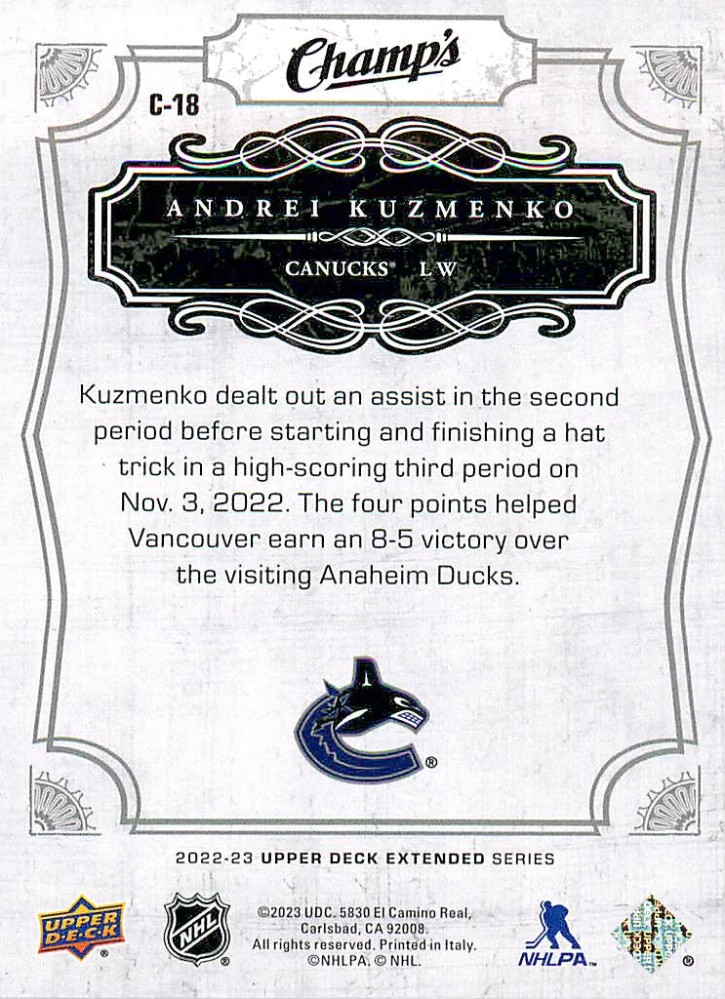 2022-23 UD Extended Series - Andrei Kuzmenko - Champ's Rookies #C-18