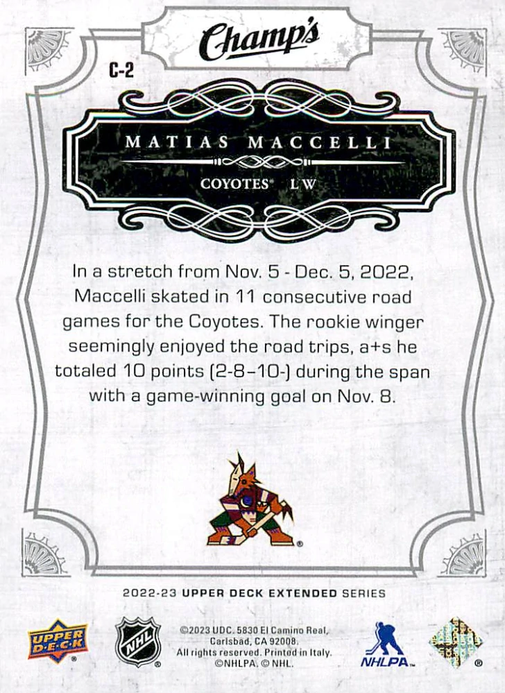 2022-23 UD Extended Series - Matias Maccelli - Champ's Rookies #C-2