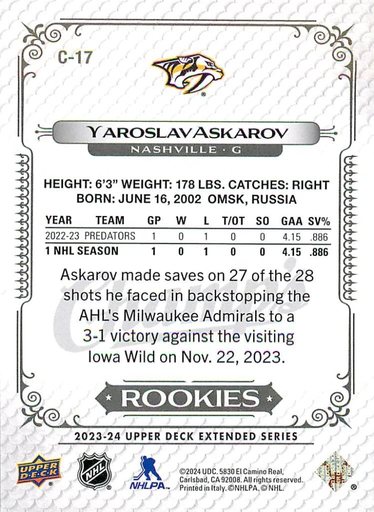 2023-24 UD Extended Series - Yaroslav Askarov - Champ's Rookies #C-17