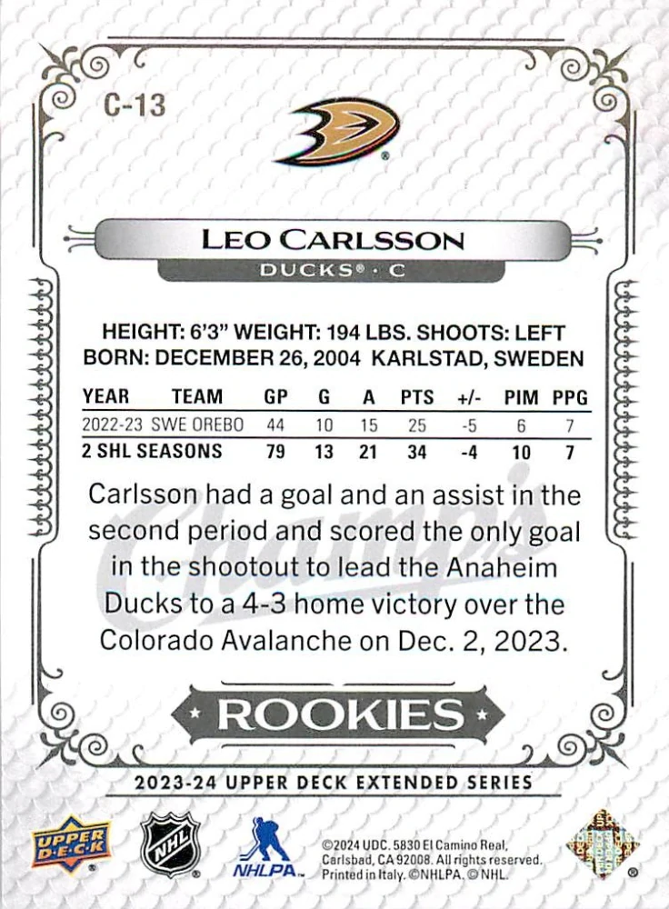 2023-24 UD Extended Series - Leo Carlsson - Champ's Rookies #C-13