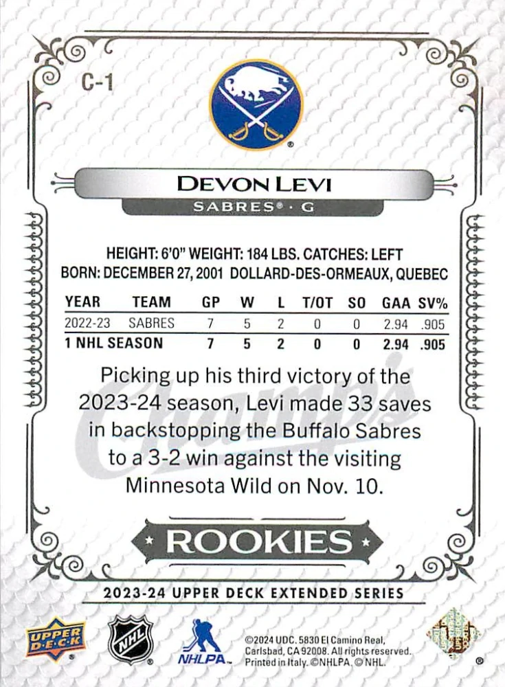 2023-24 UD Extended Series - Devon Levi - Champ's Rookies #C-1