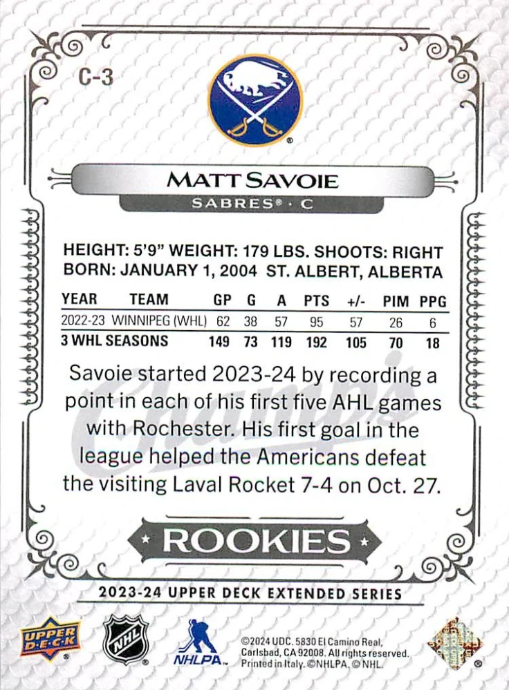 2023-24 UD Extended Series - Matt Savoie - Champ's Rookies #C-3