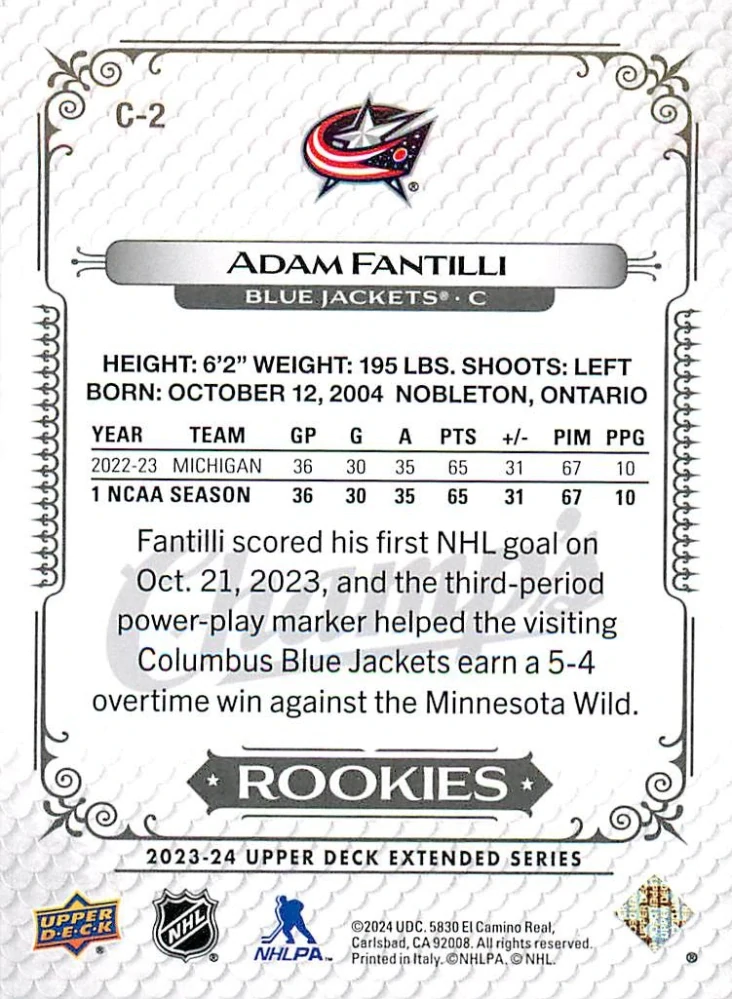 2023-24 UD Extended Series - Adam Fantilli - Champ's Rookies #C-2