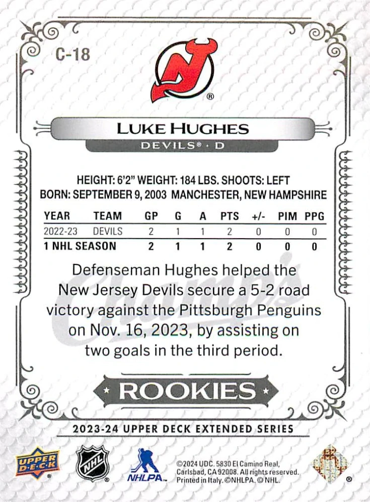 2023-24 UD Extended Series - Luke Hughes - Champ's Rookies #C-18