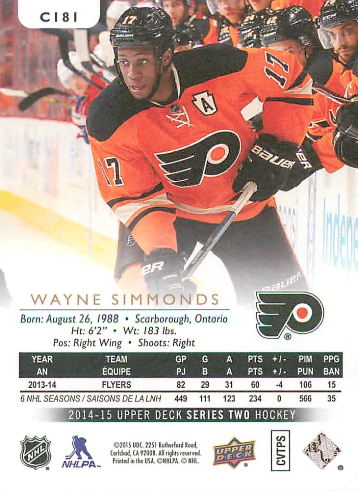 2014-15 UD Series 2 - Wayne Simmonds - Canvas #C181