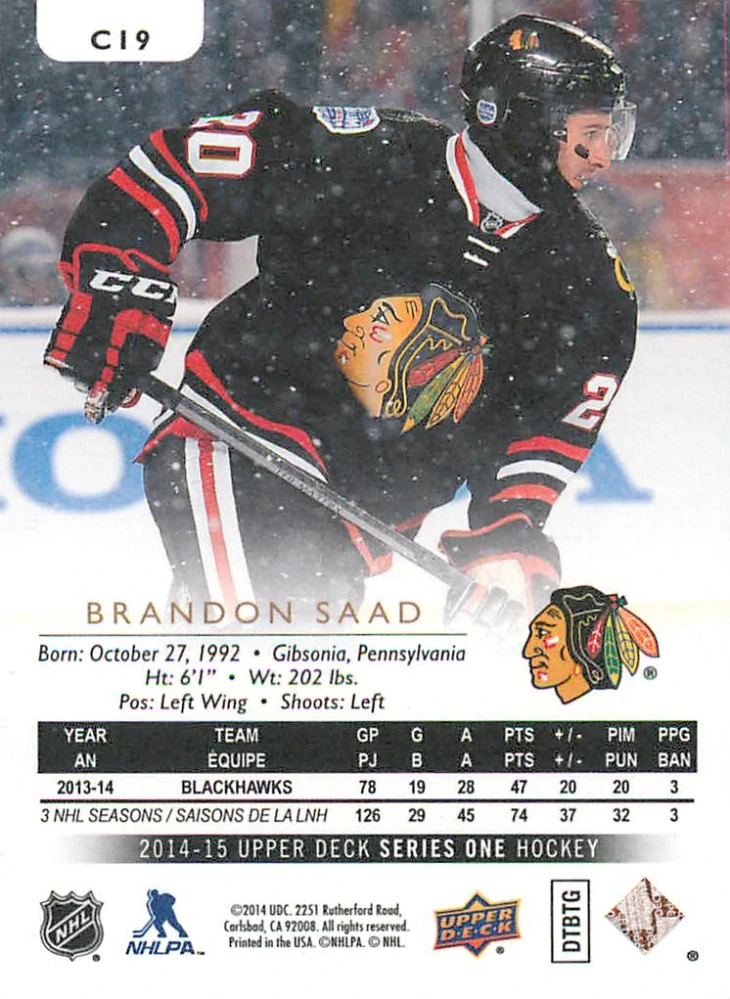 2014-15 UD Series 1 - Brandon Saad - Canvas #C19