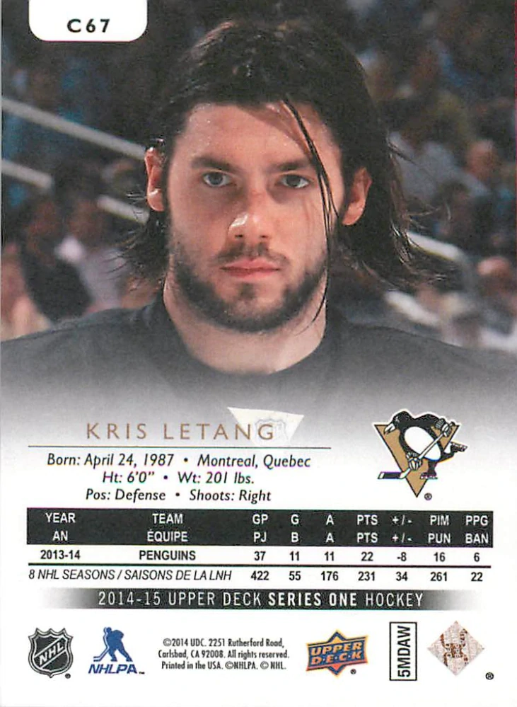 2014-15 UD Series 1 - Kris Letang - Canvas #C67