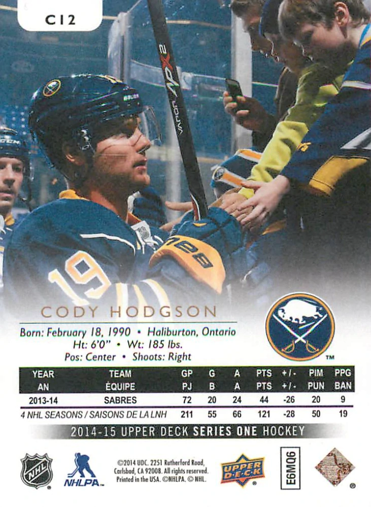 2014-15 UD Series 1 - Cody Hodgson - Canvas #C12