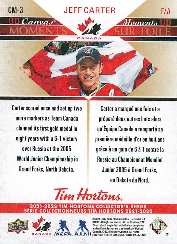 2021-22 UD Tim Hortons Team Canada - Jeff Carter - UD Canvas Moments #CM-3