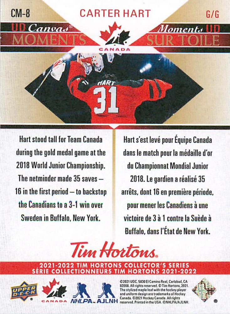 2021-22 UD Tim Hortons Team Canada - Carter Hart - UD Canvas Moments #CM-8