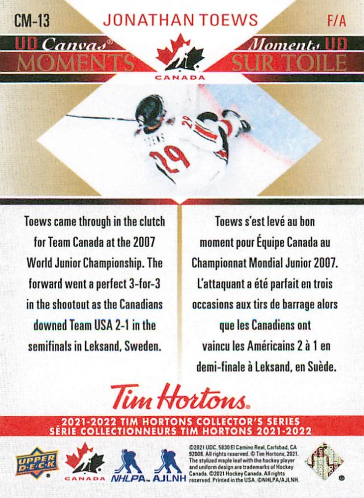2021-22 UD Tim Hortons Team Canada - Jonathan Toews - UD Canvas Moments #CM-13