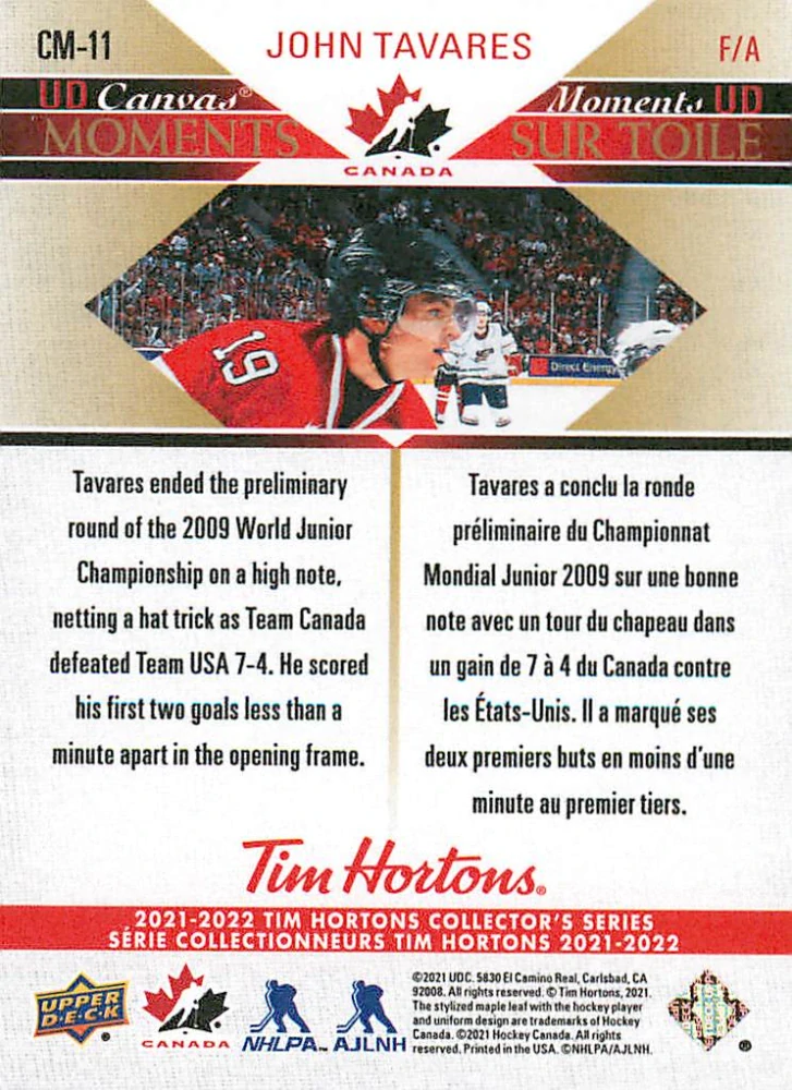2021-22 UD Tim Hortons Team Canada - John Tavares - UD Canvas Moments #CM-11