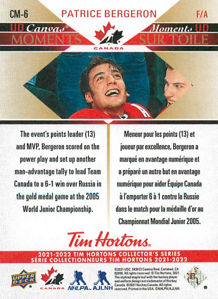 2021-22 UD Tim Hortons Team Canada - Patrice Bergeron - UD Canvas Moments #CM-6