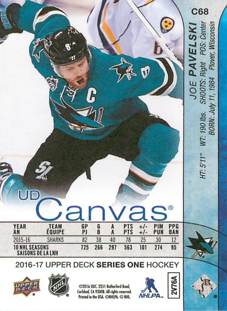 2016-17 UD Series 1 - Joe Pavelski - Canvas #C68