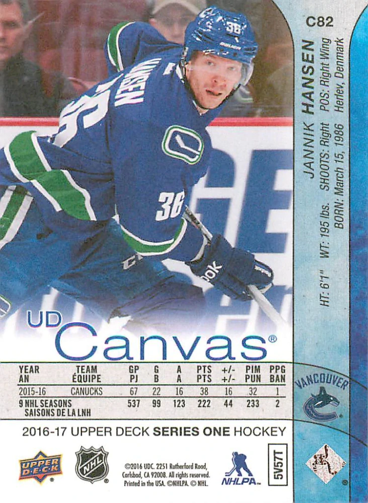 2016-17 UD Series 1 - Jannik Hansen - Canvas #C82