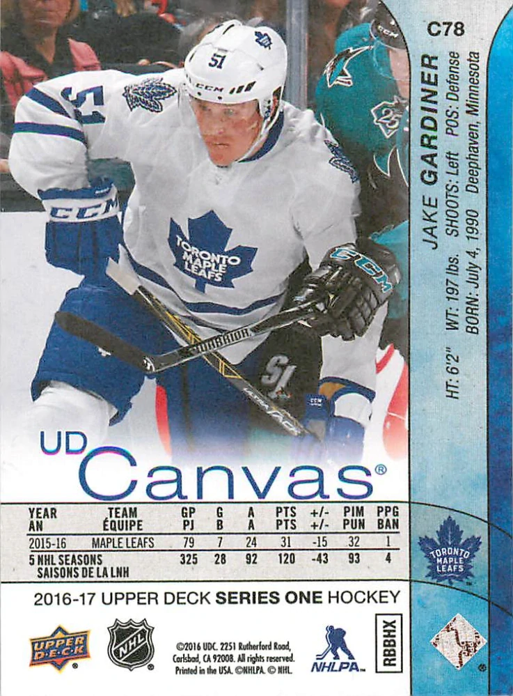 2016-17 UD Series 1 - Jake Gardiner - Canvas #C78