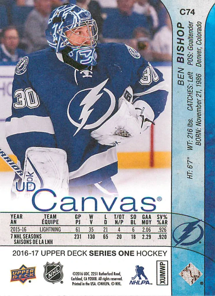 2016-17 UD Series 1 - Ben Bishop - Canvas #C74