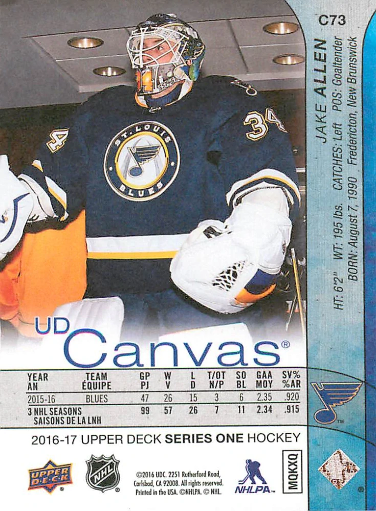 2016-17 UD Series 1 - Jake Allen - Canvas #C73