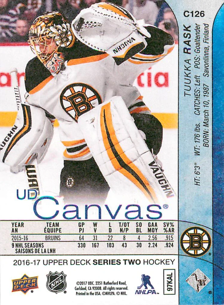 2016-17 UD Series 2 - Tuukka Rask - Canvas #C126