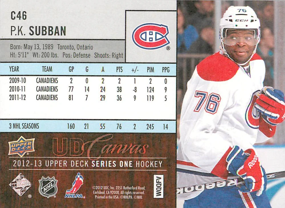 2012-13 UD Series 1 - P.K. Subban - Canvas #C46