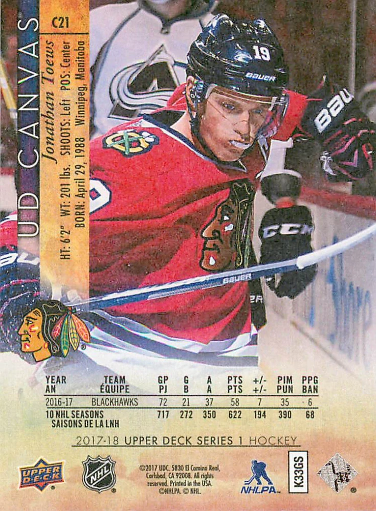2017-18 UD Series 1 - Jonathan Toews - Canvas #C21