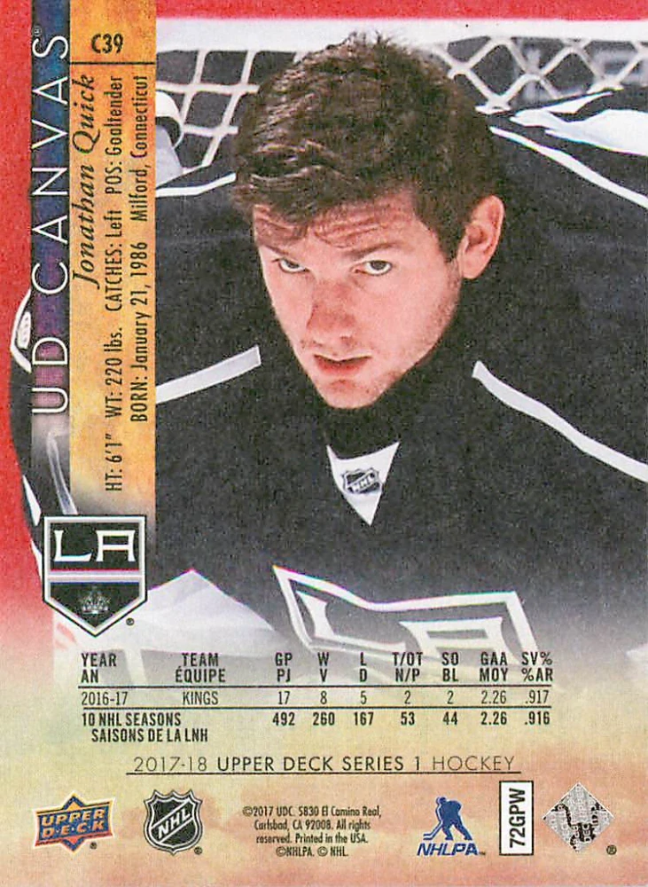 2017-18 UD Series 1 - Jonathan Quick - Canvas #C39