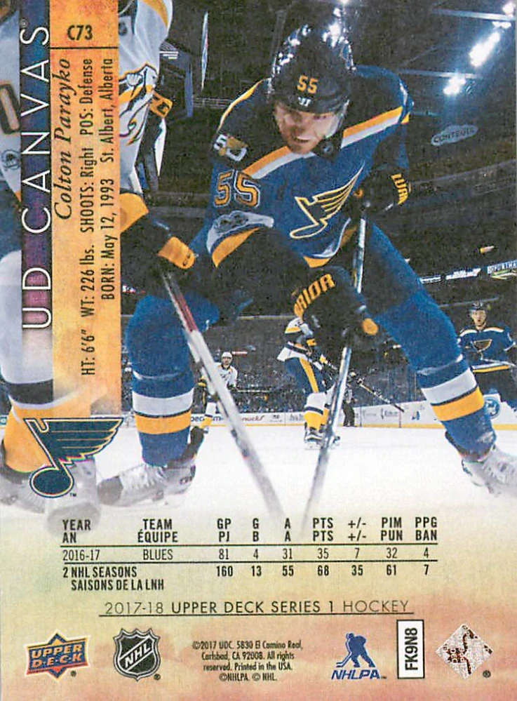 2017-18 UD Series 1 - Colton Parayko - Canvas #C73