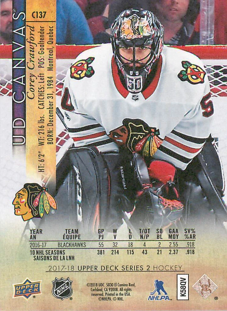 2017-18 UD Series 2 - Corey Crawford - Canvas #C137