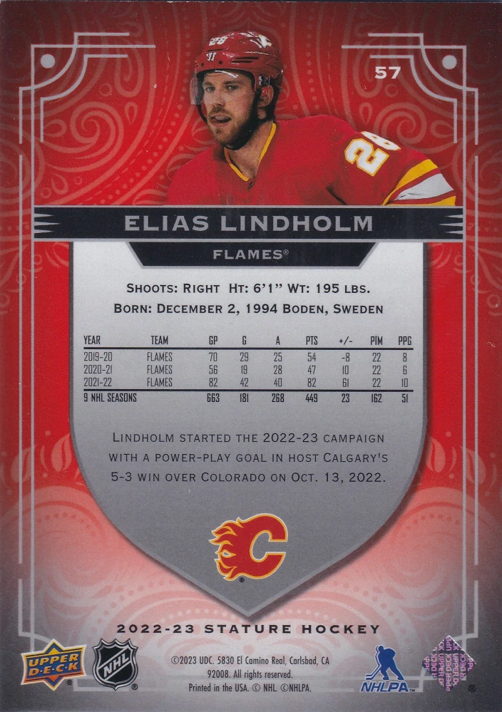 2022-23 UD Stature - Elias Lindholm - Orange /55 #57