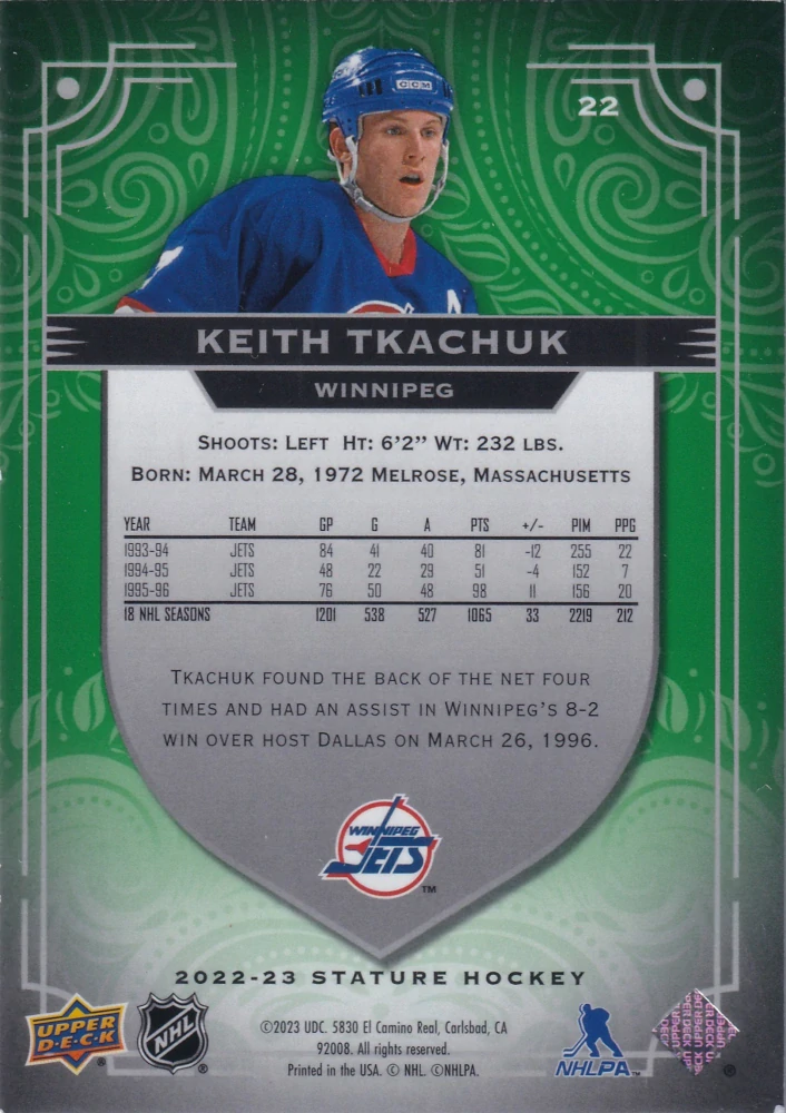 2022-23 UD Stature - Keith Tkachuk - Green /99 #22