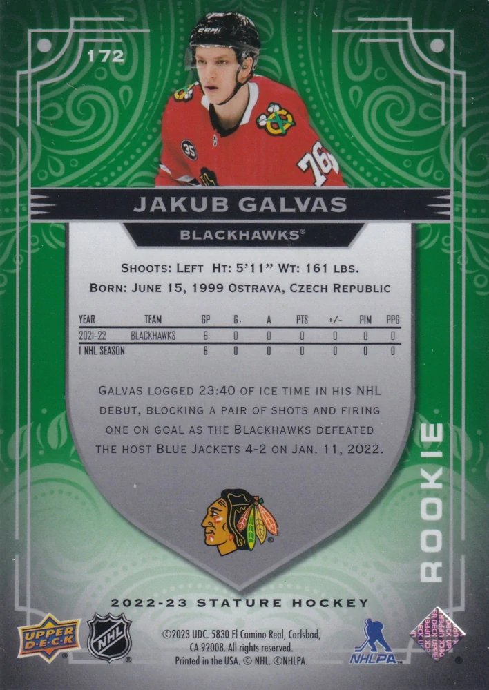 2022-23 UD Stature - Jakub Galvas - Rookie Green /99 #172